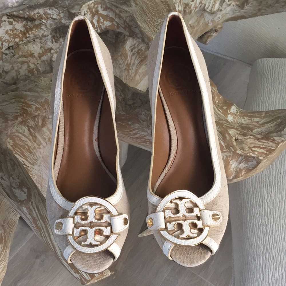 Tory Birch tan and creme shoes.